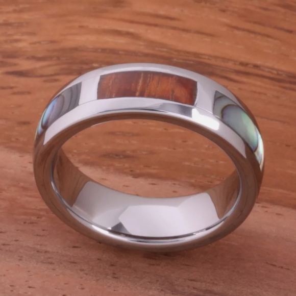 Tungsten Carbide Mother of Pearl and Wood Ring - Picture 2 of 9